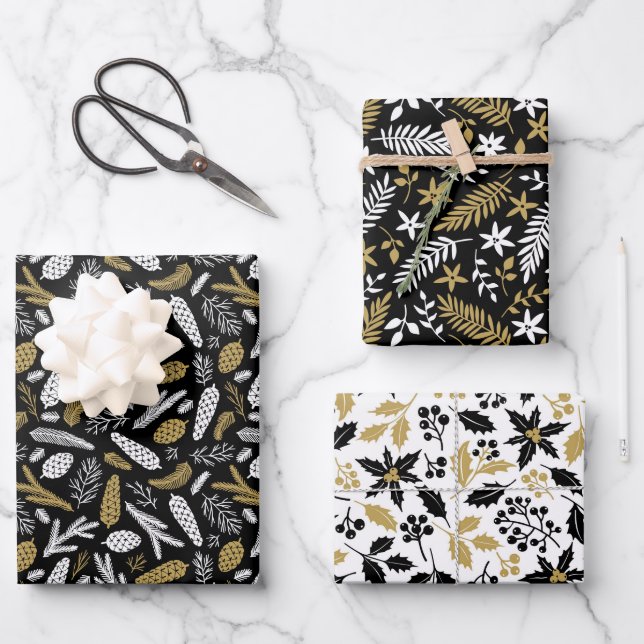 Scandi Winter Christmas Gold & Black Woodland Wrapping Paper Sheets (Front)
