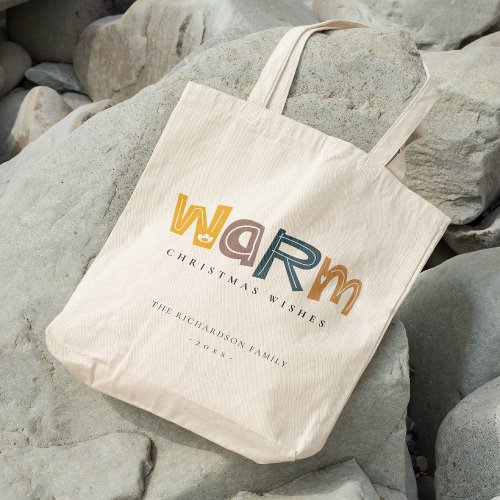 Scandi Yellow Gray Text Warm Wishes Christmas Tote Bag