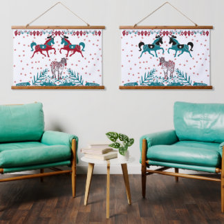 Scandia Folk Art Nordic Animals Zebra War Horses Hanging Tapestry