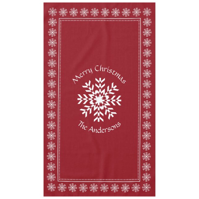 Scandianvian Christmas Snowflake Custom Text Red Tablecloth (Front)