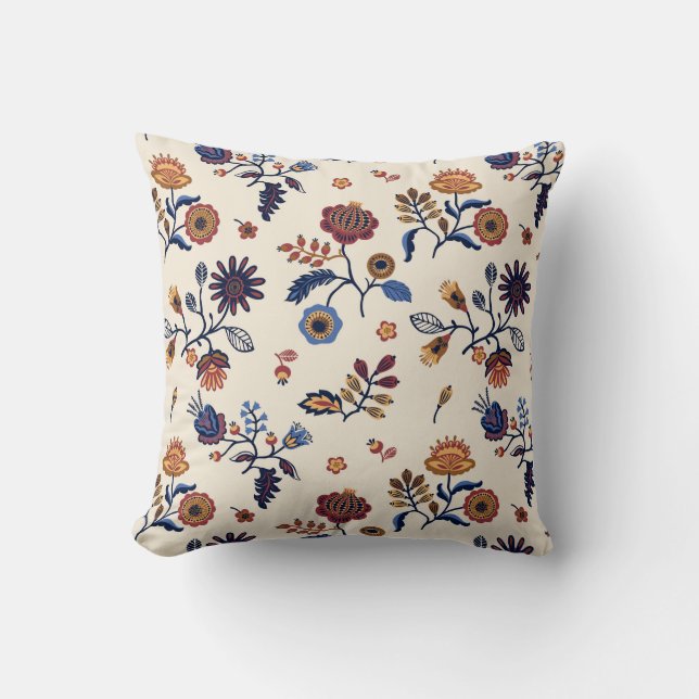 Scandic Folk Etno Europe Floral Ornament Beige Throw Pillow (Front)