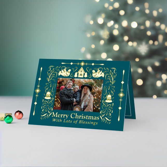 Scandinavia Folktale Christmas Photo Teal Foil Holiday Card (Holiday In Situ 2)