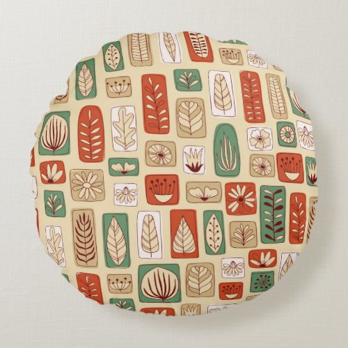 Scandinavian Abstract Leaves Tile Design Round Pillow
