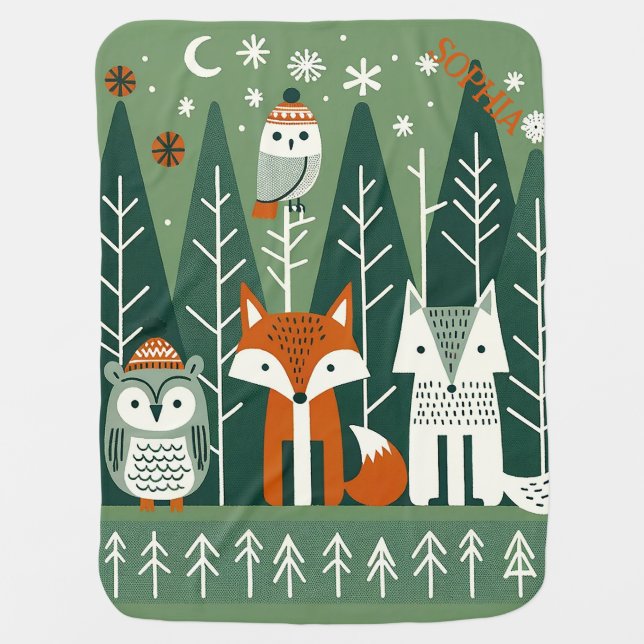 Scandinavian Animal Forest Custom Name Baby Blanket (Front)