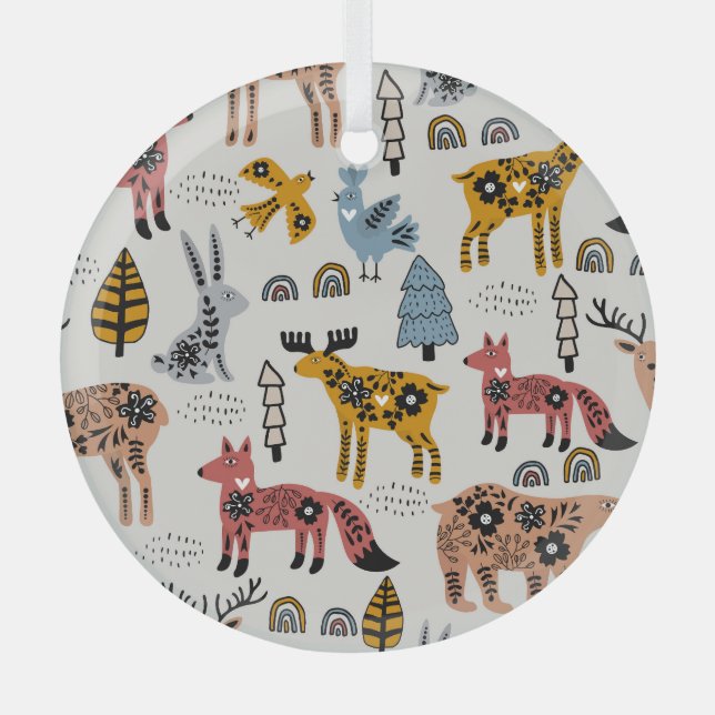 Scandinavian animals, floral, cute pattern. glass ornament (Front)