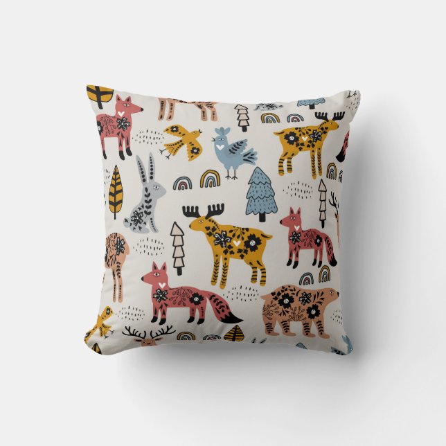 Scandinavian animals, floral, cute pattern. throw pillow (Front)