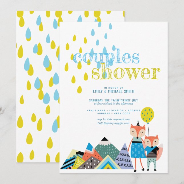 Scandinavian Art Couples Shower Invites Folk Foxes (Front/Back)
