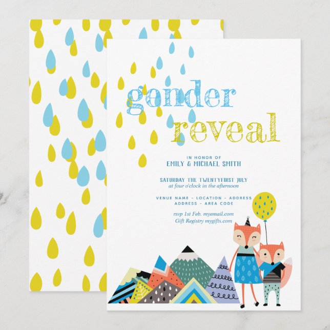 Scandinavian Art Gender Reveal Invites Folk Foxes (Front/Back)