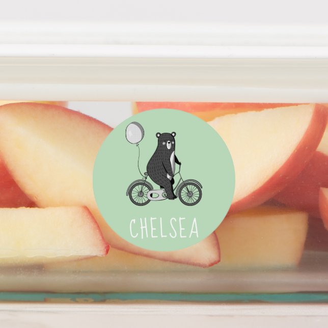 Scandinavian Bear on Bike Minimalist Green  Labels (Affixed)