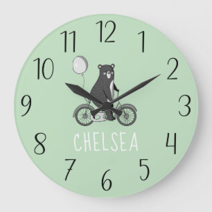 Scandinavian Bear on Bike Minimalist Green  Large Clock