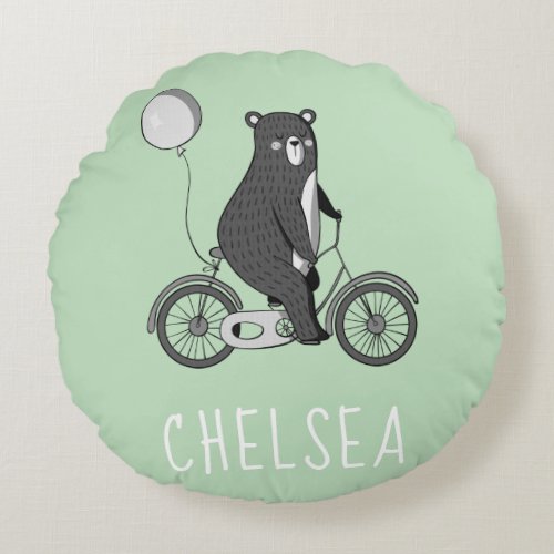 Scandinavian Bear on Bike Minimalist Green  Round Pillow