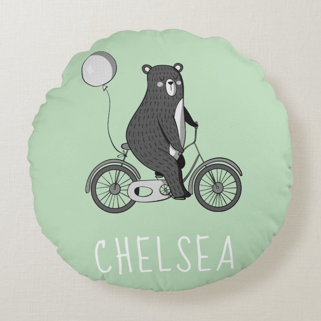 Scandinavian Bear on Bike Minimalist Green  Round Pillow (Front)