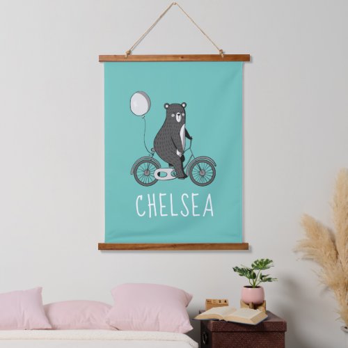 Scandinavian Bear on Bike Minimalist Personalized Hanging Tapestry
