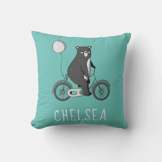 Scandinavian Bear on Bike Minimalist Personalized  Throw Pillow (Front)