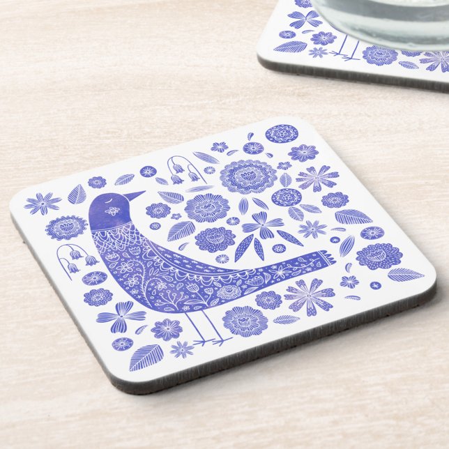 Scandinavian Bird Blue and White Beverage Coaster (Nordic folk art blue and white bird and wildflower coaster set)