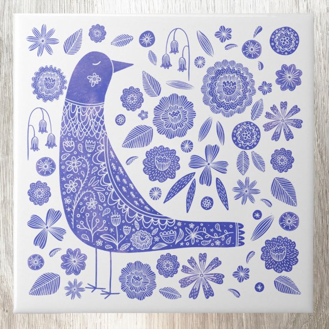 Scandinavian Bird Blue and White Ceramic Tile (Scandinavian blue and white bird watercolor art ceramic tile)
