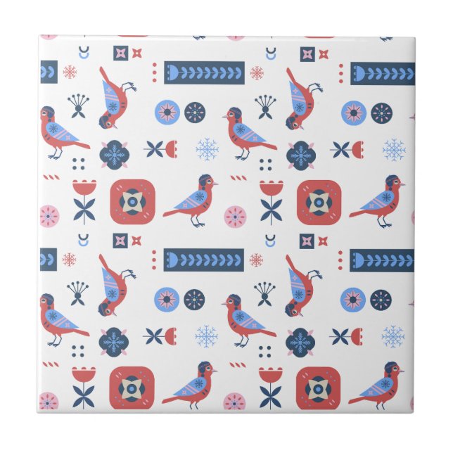 Scandinavian Bird Floral Nordic Pattern Design Ceramic Tile (Front)