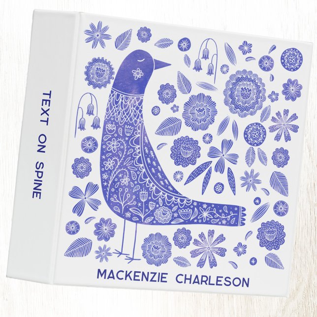 Scandinavian Bird Personalized Blue and White 3 Ring Binder (Scandinavian folk art style blue and white personalized bird and flower binder with custom text)
