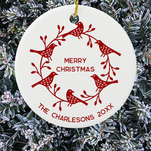 Scandinavian Bird Wreath Personalized Christmas Ceramic Ornament