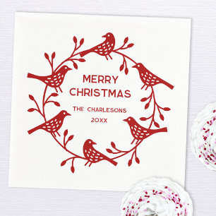 Scandinavian Bird Wreath Personalized Christmas Napkins