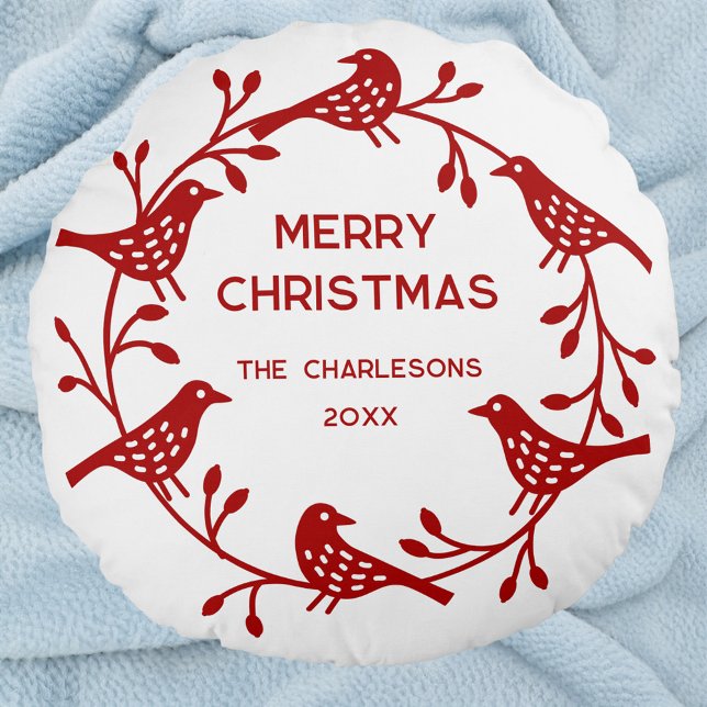 Scandinavian Bird Wreath Personalized Christmas Round Pillow (Red Scandinavian bird wreath personalized family name date festive Merry Christmas pillow)