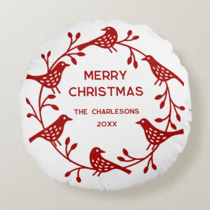Scandinavian Bird Wreath Personalized Christmas Round Pillow