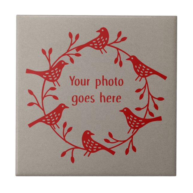 Scandinavian Bird Wreath Photo Ceramic Tile (Front)