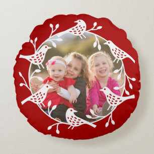 Scandinavian Birds and Rosehips Wreath Photo Round Pillow