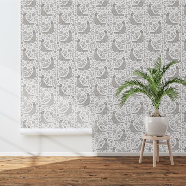 Scandinavian Birds Gray White Wallpaper (Nordic Bird gray and white art wallpaper )