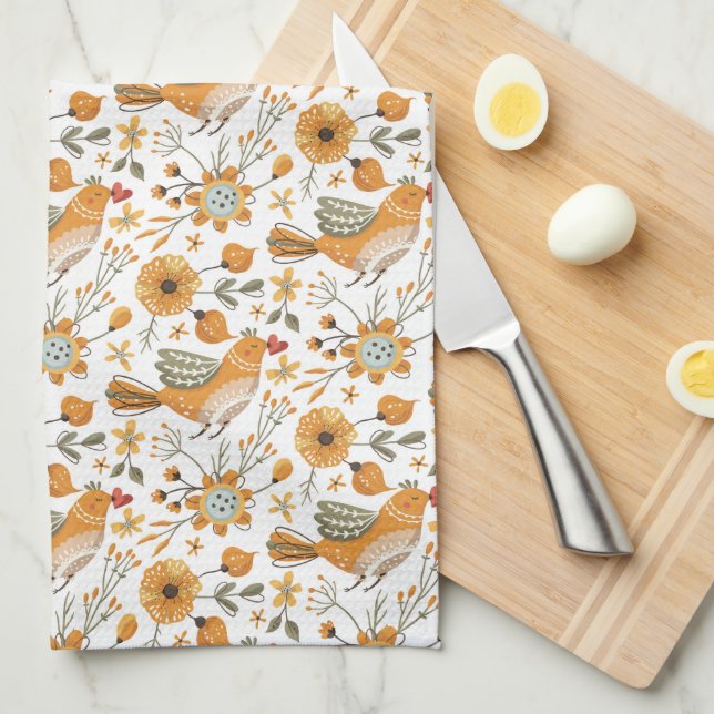 Scandinavian Birds Orange Kitchen Towel (Quarter Fold)