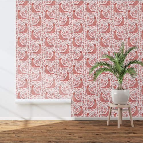 Scandinavian Birds Red and White Wallpaper