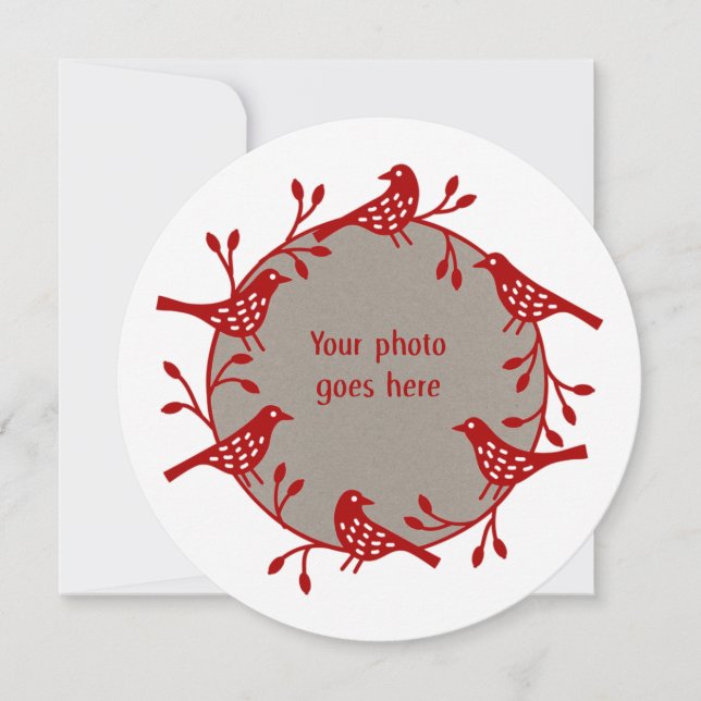 Scandinavian Birds with Rosehips Wreath Photo Holiday Card (Front)