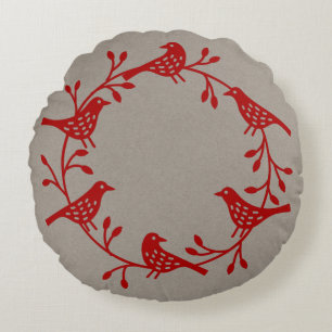 Scandinavian Birds with Rosehips Wreath Round Pillow