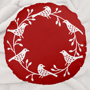 Scandinavian Birds with Rosehips Wreath Round Pillow