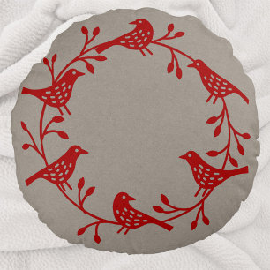 Scandinavian Birds with Rosehips Wreath Round Pillow
