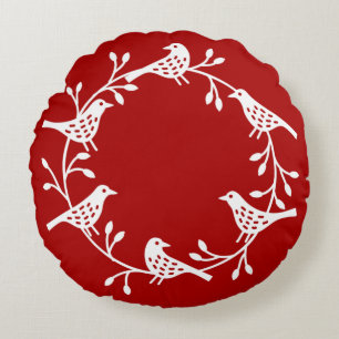 Scandinavian Birds with Rosehips Wreath Round Pillow