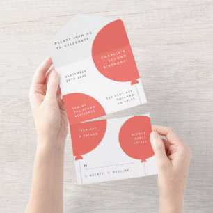 Scandinavian Birthday Coral Pink Balloon Party All In One Invitation