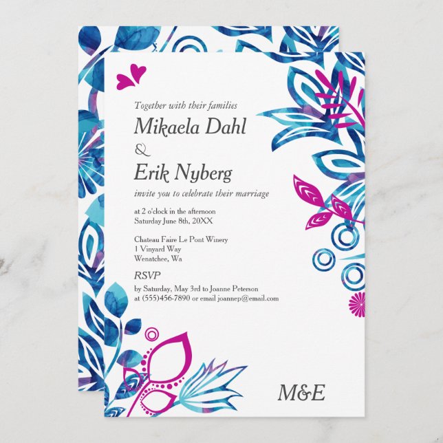 Scandinavian Blue and Pink Pattern Wedding Invitation (Front/Back)
