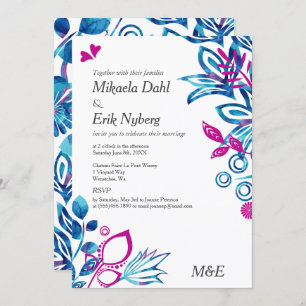 Scandinavian Blue and Pink Pattern Wedding Invitation