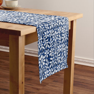 Scandinavian Blue and White Folk Art Floral Short Table Runner