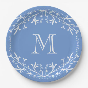 Scandinavian Blue and White Stylish Monogram Paper Plates