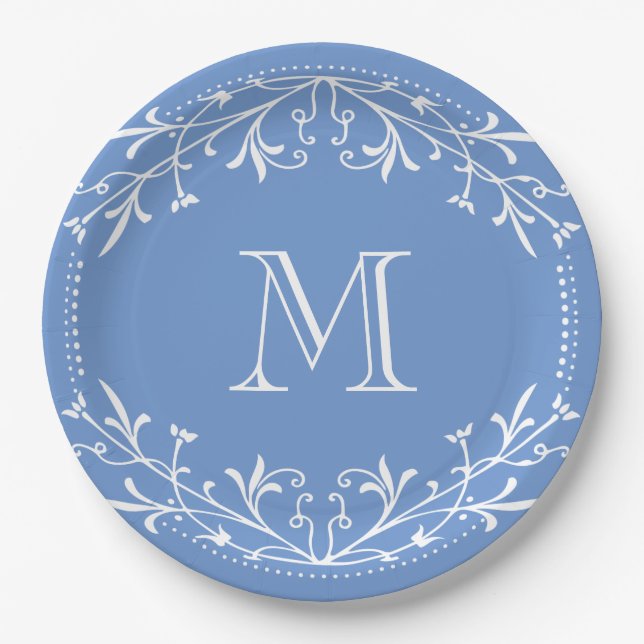 Scandinavian Blue and White Stylish Monogram Paper Plates (Front)