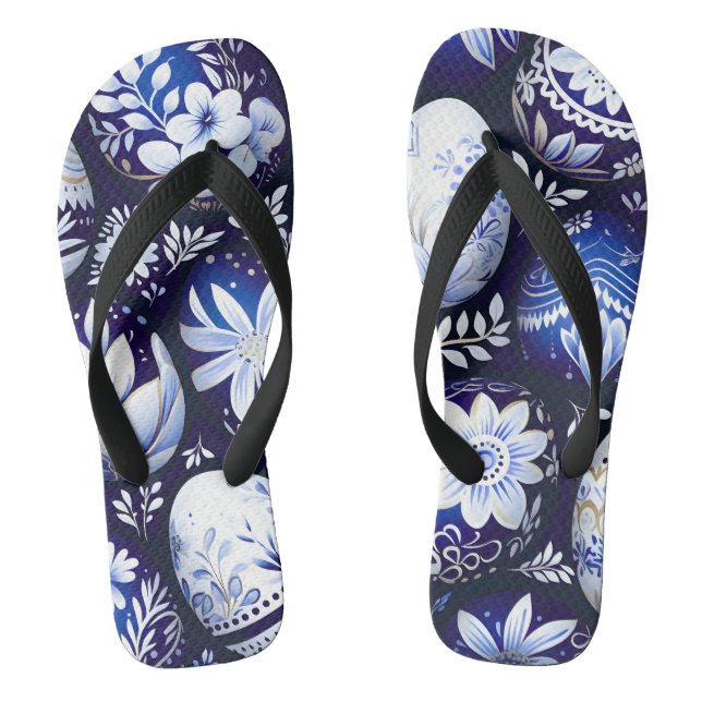 Scandinavian Blue Easter Egg Spring Floral Flip Flops (Footbed)