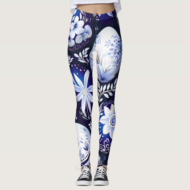 Scandinavian Blue Easter Egg Spring Floral Leggings (Front)