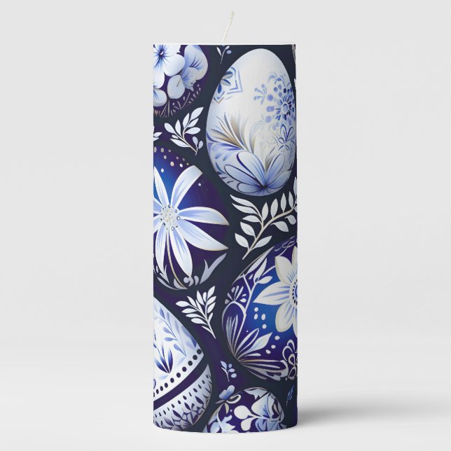 Scandinavian Blue Easter Egg Spring Floral Pillar Candle (Front)