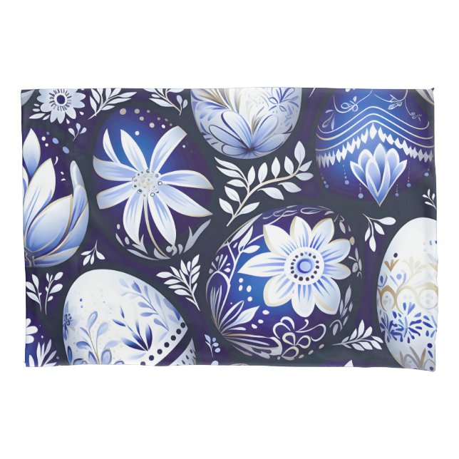 Scandinavian Blue Easter Egg Spring Floral Pillow Case (Front)