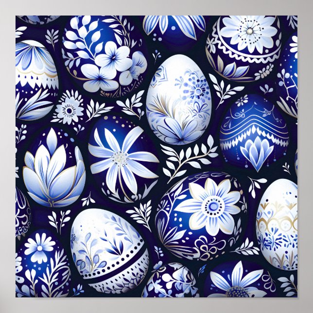 Scandinavian Blue Easter Egg Spring Floral Poster (Front)