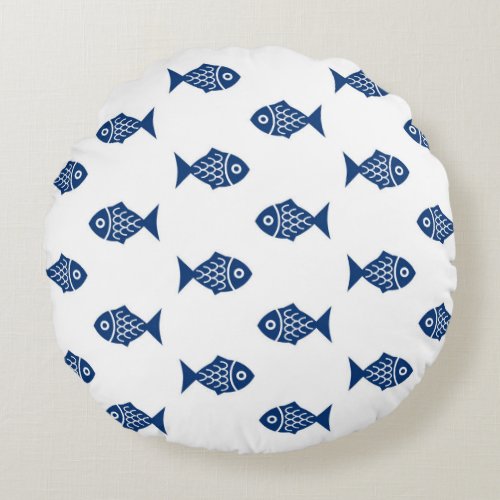 Scandinavian Blue Fish Pattern Round Pillow