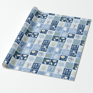 Scandinavian Blue Floral Modern Nordic Botanical  Wrapping Paper
