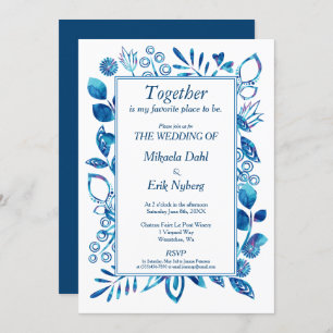 Scandinavian Blue Floral Pattern Wedding Invitation